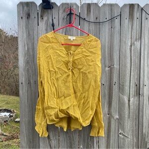 Umgee Mustard Yellow Crinkle Blouse – V-Neck Tie, Boho Style, Size Large